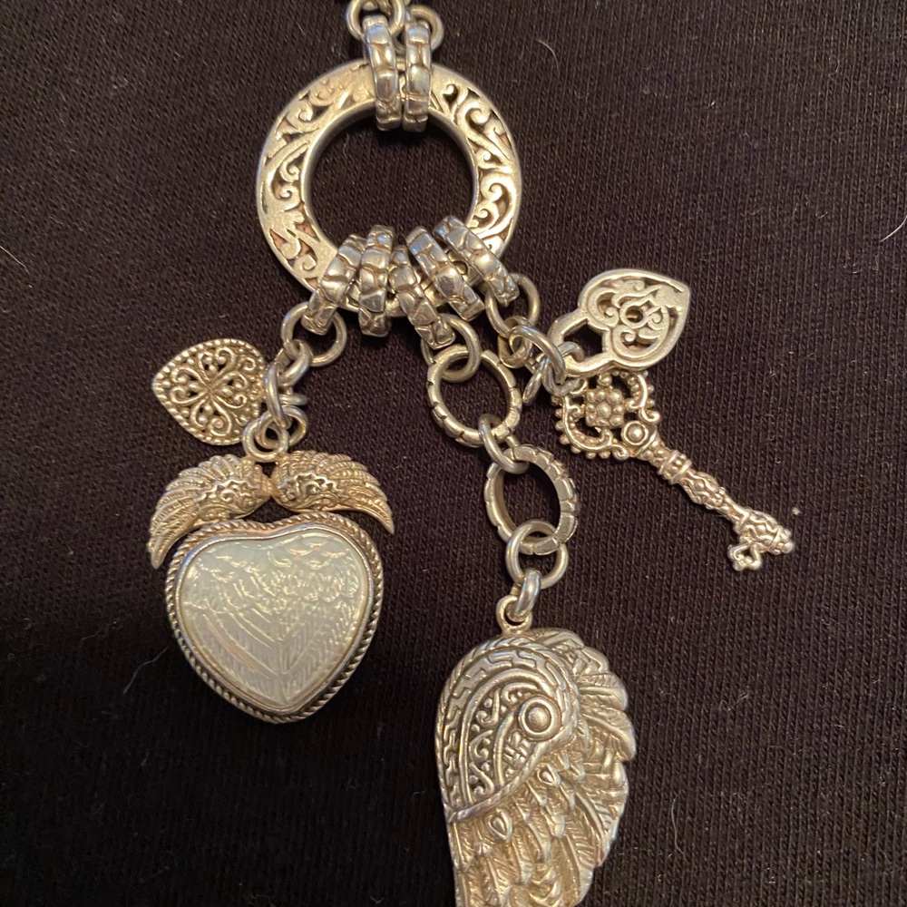 Silver necklace with charms, heart, key , angel wings,4 inch stender,